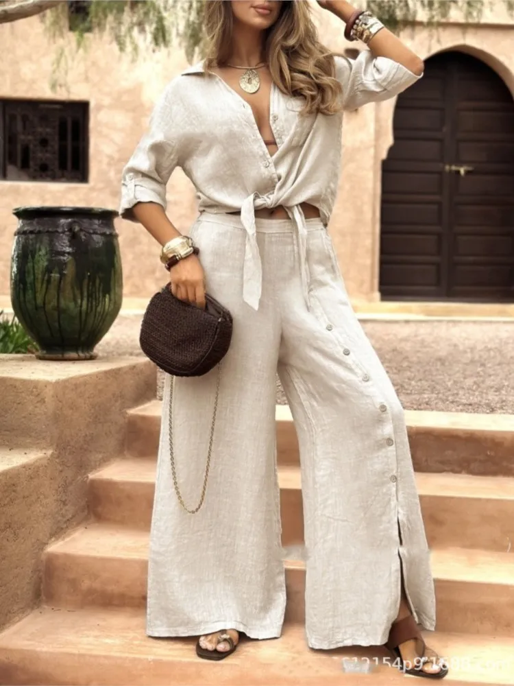 

Fashion Lapel Long Sleeve Single-breasted Shirt Top + Wide-leg Pants 2-piece Set For Women Elegant Solid Color Loose Suit Female