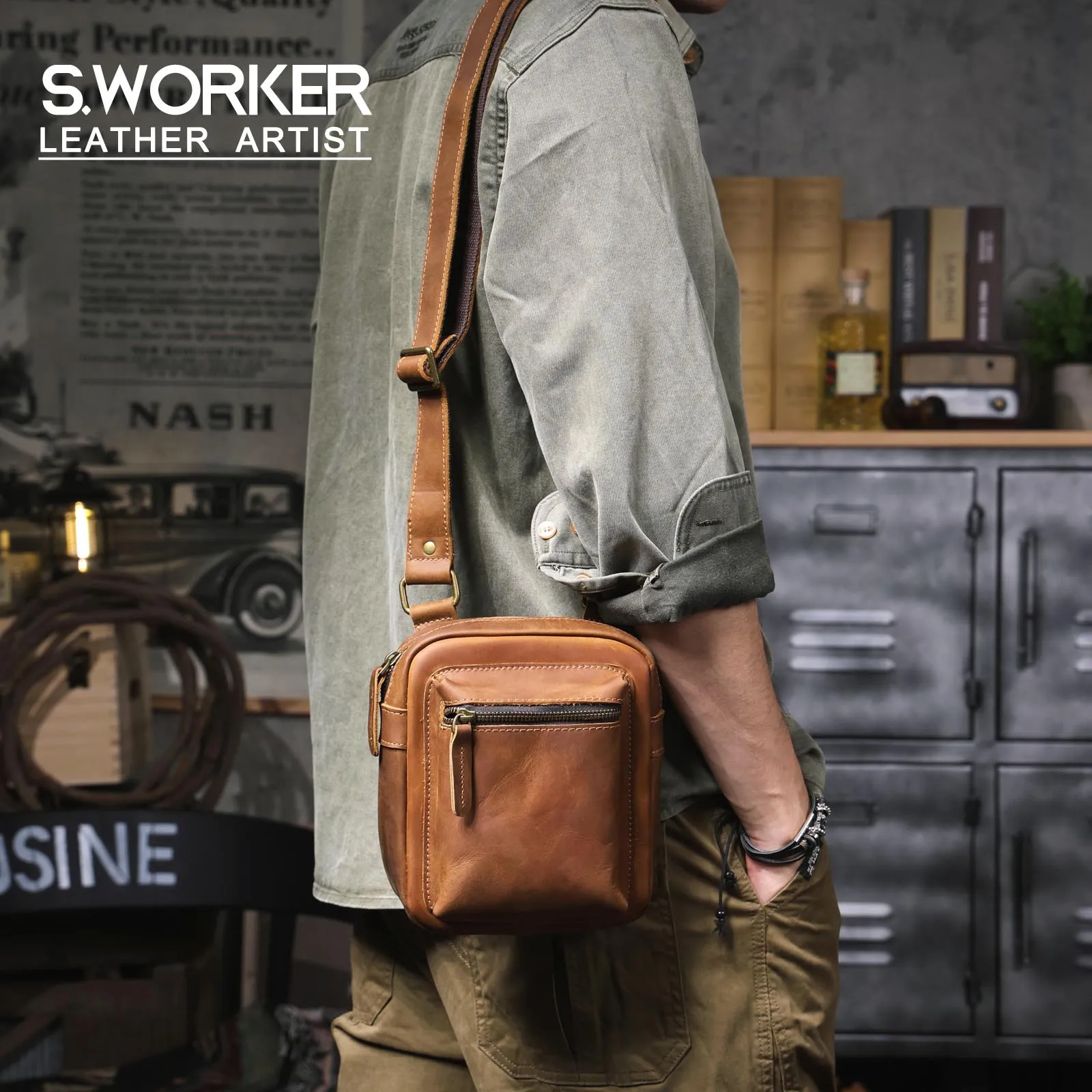 Echte Leder Herren-Freizeit-Umhängetasche, Mini-Handytasche, Crossbody-Tasche, Modische Rindsleder-Brusttasche aus Crazy Horse Leder – Detail 2