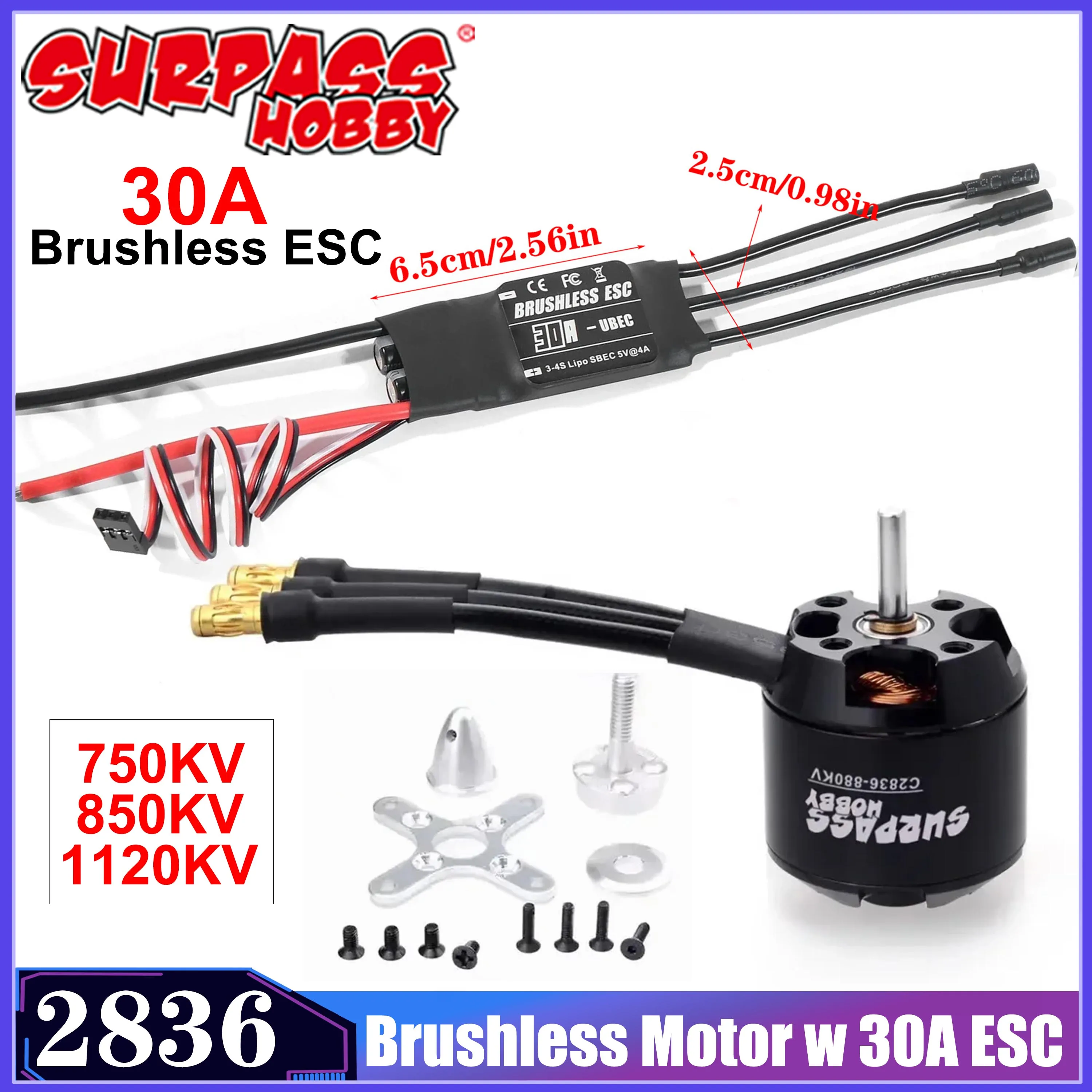 

SURPASS HOBBY 2836 750KV 880KV 1120KV Бесщеточный двигатель Outrunner с комбинированным ESC 3-4S 30A ESC для радиоуправляемых дронов с фиксированным крылом, планера самолета