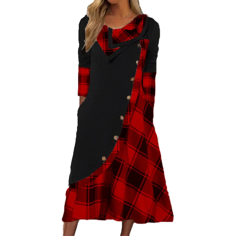 2023 Autumn New Plaid Panel Button Pocket Stacked Collar Office Lady Ankle-length Comfortable Leisure Casual Long Sleeve Dress