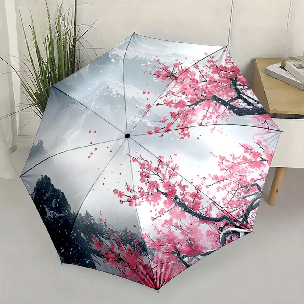1PC Elegant Umbrella with Cherry Blossom Design for Rainy Days Print 8 Iron Ribs Folding Umbrella Auto-Open Fashion Sunshade