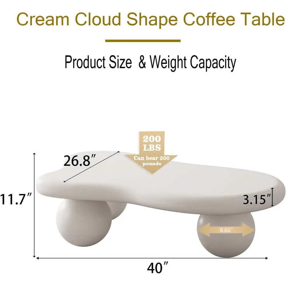 Cloud-Shaped White Coffee Table with 3 Legs, Ideal for Small Spaces and Living Rooms