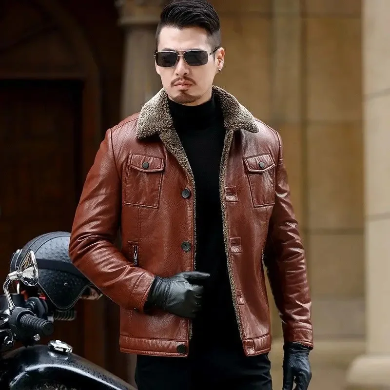 Middle-Aged Coat Winter Fleece-Lined Thicken Solid Color Outwear Men Fashion Casual Large Size Lapels Leather Jacket