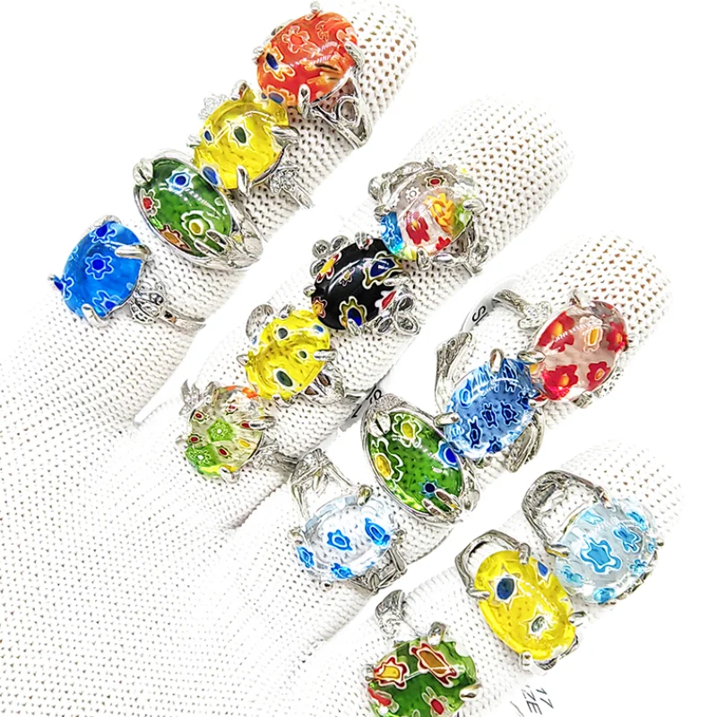 20/50pcs/Lot Wholesale Hot Mix Colors Glaze Flower Finger for Women Party Jewelry New Colorful Stone Alloy Joint Ring Gift