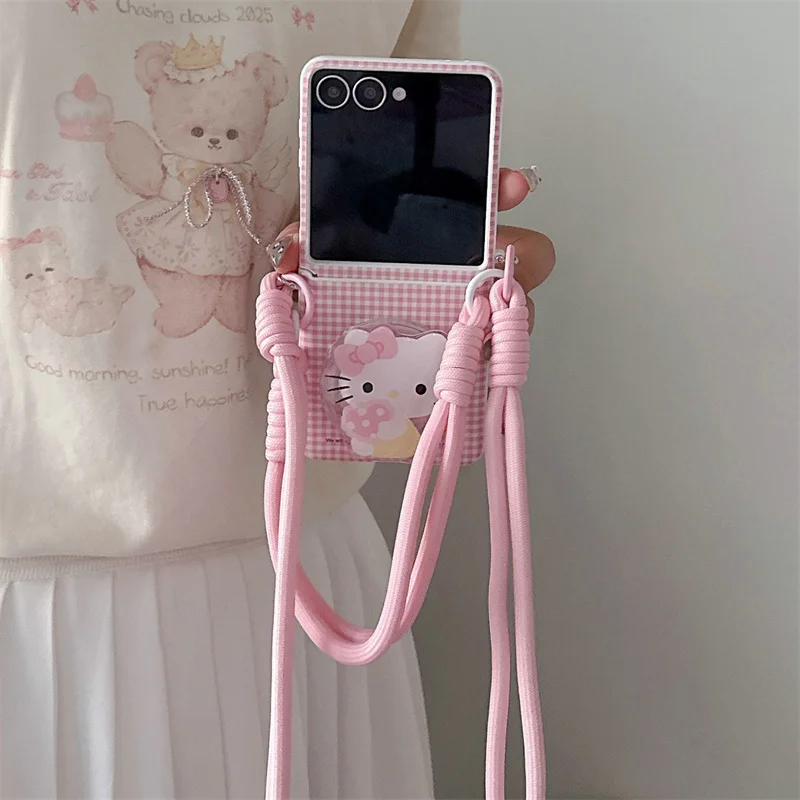 

Fashion Pink Plaid Pattern Leather Phone Case For Samsung Galaxy Z Flip 7 5 6 ZFlip6 Cover with Magnetic Stand with Lanyard Case