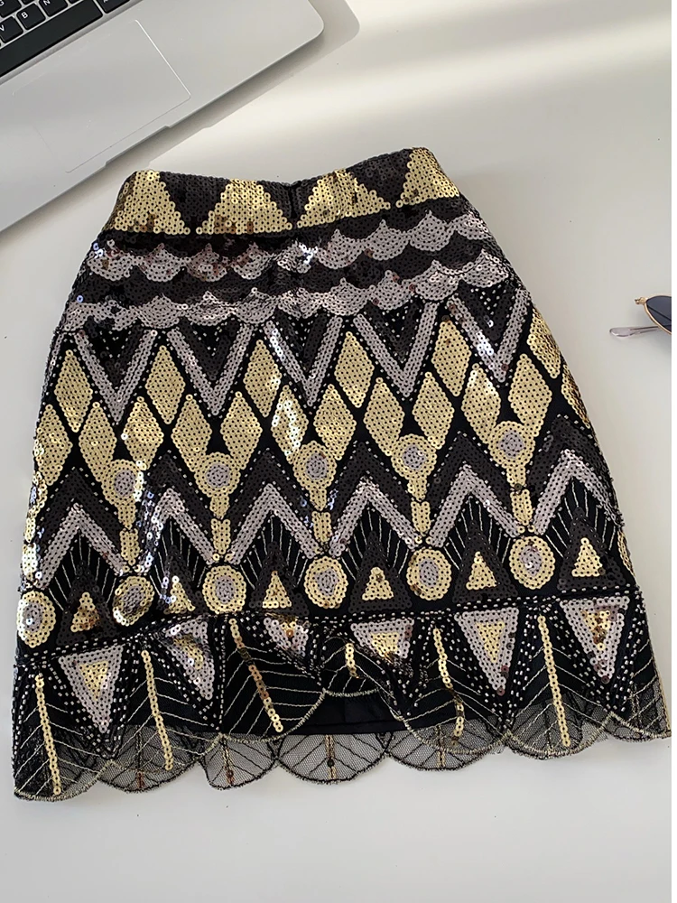 

Women Sequin Skirt Full Embroidered Sequins Night Club Sexy Lady Party Wear Diamond Grid A-line Slim Faldas Female SK067