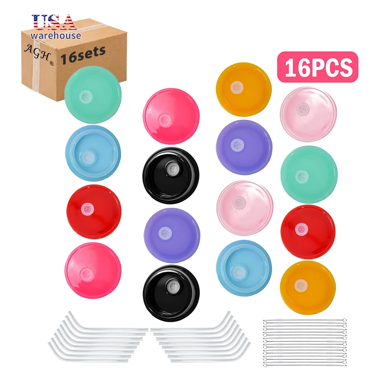 

16pcs Pack Colorful Replaced Mixed Color Plastic Lids Glass straw and straw brush for 16oz Glass Beer Can He