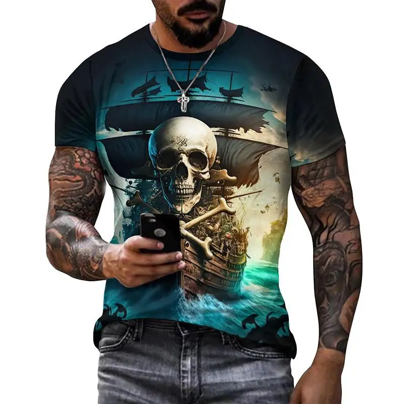 Men Pirate Ship Moon Ocean Floral 3D Print Crew Neck Short Sleeve Tee Casual Fantasy Sea Tops Multi Night Views