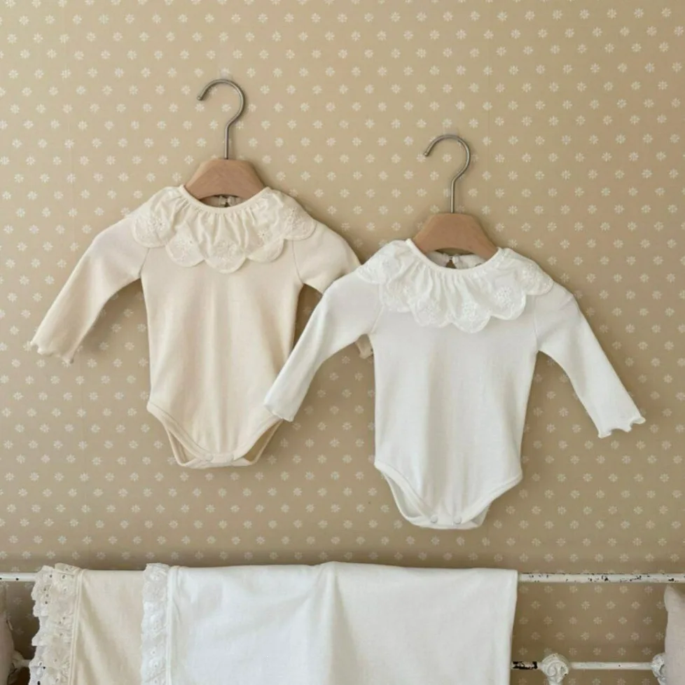 2026 Autumn New Baby Girl Long Sleeve Bodysuit Solid Infant Sweet Ruffle Lace Collar Jumpsuit Newborn Cotton Clothes 0-24M