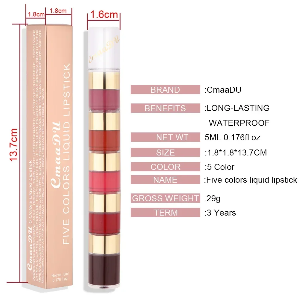 Heallor-lápiz labial portátil 5 en 1, lápiz labial resistente al agua, de larga duración, maquillaje, color rosa, mate, sólido y brillante