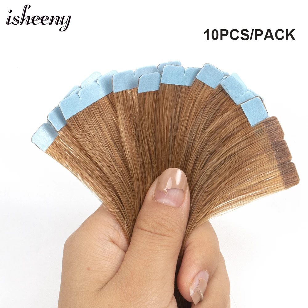 6# Middle Brown Human Hair Extension Tape Ins 10pcs/pack Mini Tape Hair On Double Sided Tape Glue 12-24 inches for Women