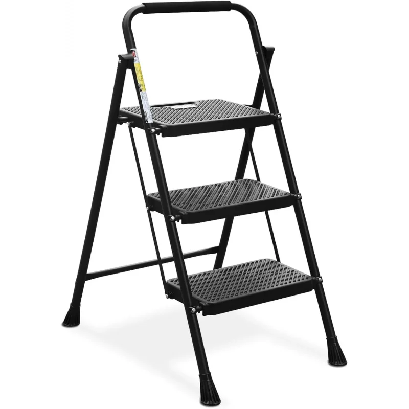 3 Step Ladder, Folding Step Stool with Wide Anti-Slip Pedal, Sturdy Steel Ladder, Convenient Handrail, Lightweight