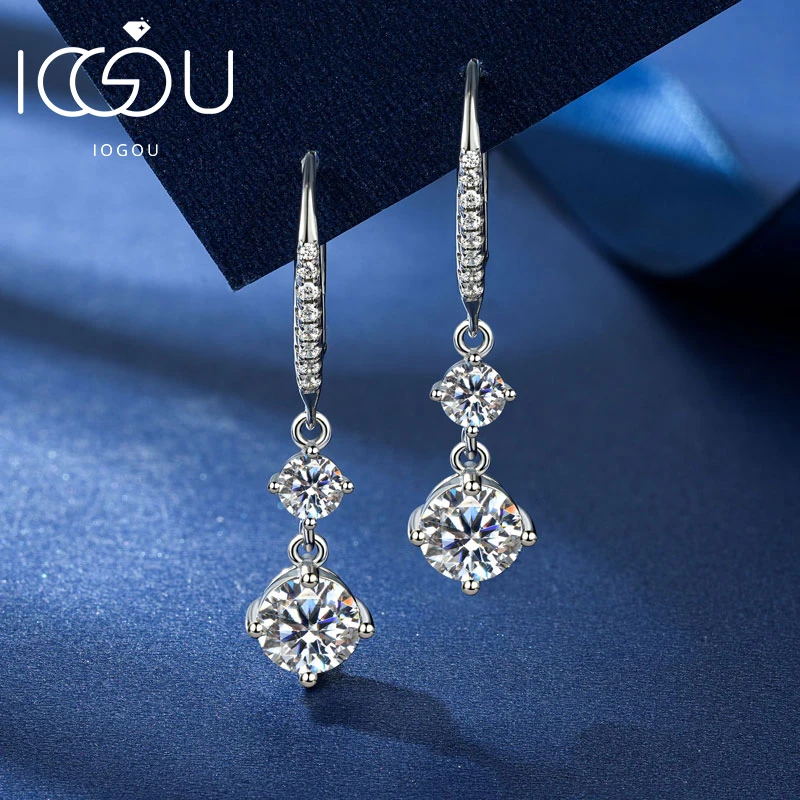 IOGOU 6.5mm 1.0Carat D Color Moissanite Diamond Drop Hoop Earrings 925 Sterling Silver Engagement Wedding Jewelry Gift for Women