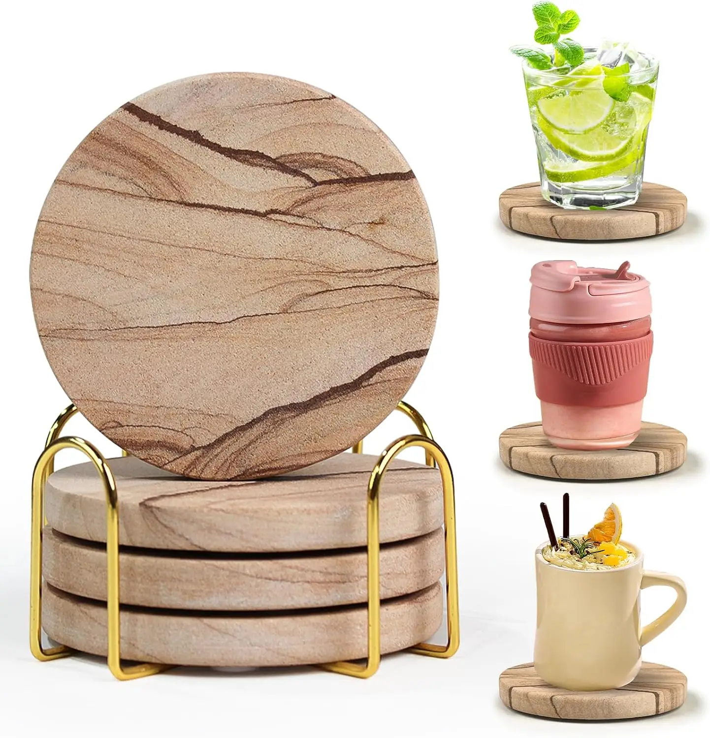 

Natural Sandstone Coasters Set of 4 with Holder, 4in Absorbent & Heat Resistant Drink Coasters for Coffee Table, Home Office