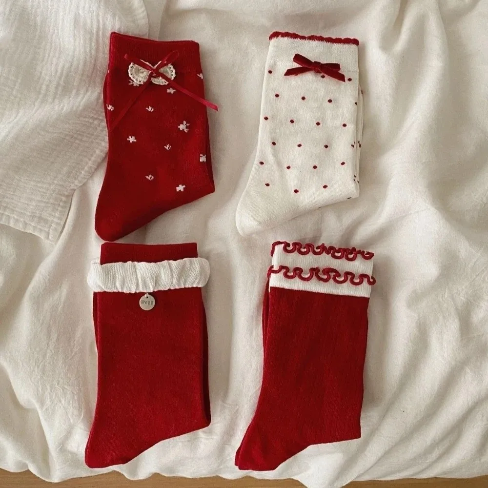 العصرية اللون الأحمر الحلو فتاة الجوارب طبقة مزدوجة مريحة القوس الجوارب القطن تنفس منتصف أنبوب الجوارب الاستخدام غير رسمي #5