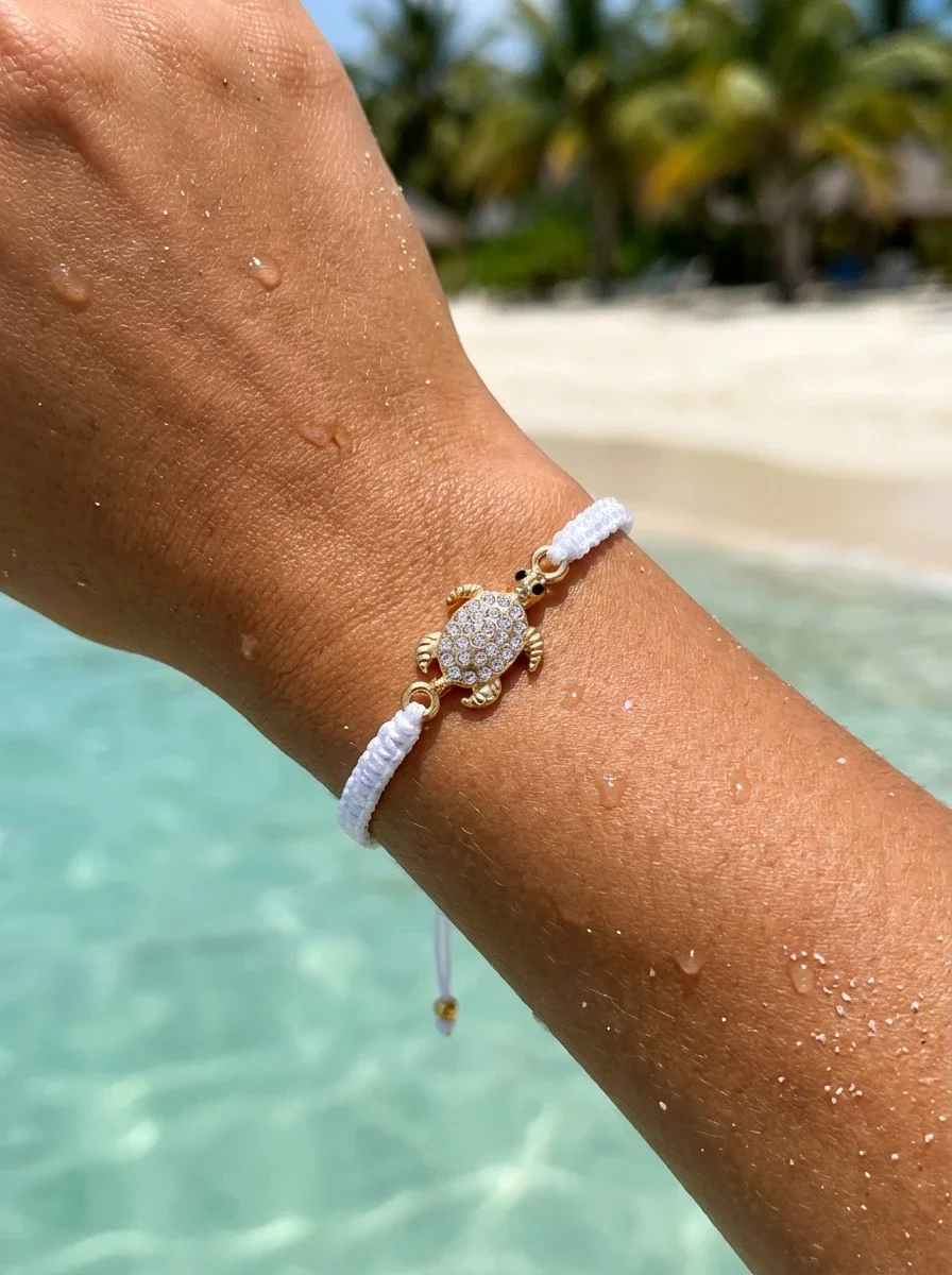 Sparkly Bohemian White Rope Turtle Bracelet for Women Rhinestone Charm, Adjustable Surfer Jewelry, Perfect for Vacation