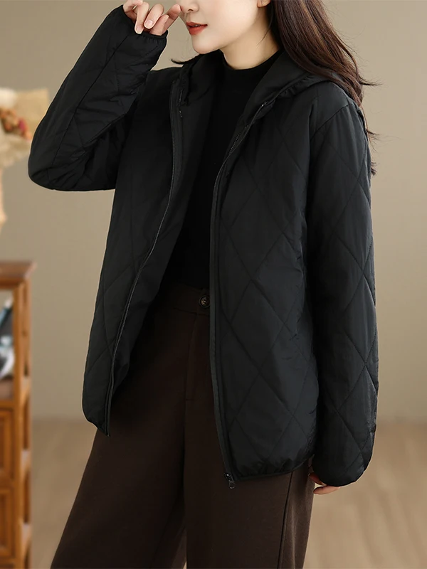 Women's Diamond Pattern Hooded Cotton Jacket Loose Fit Lightweight Japanese Style Winter Coat Zipper Closure Daily Wear
