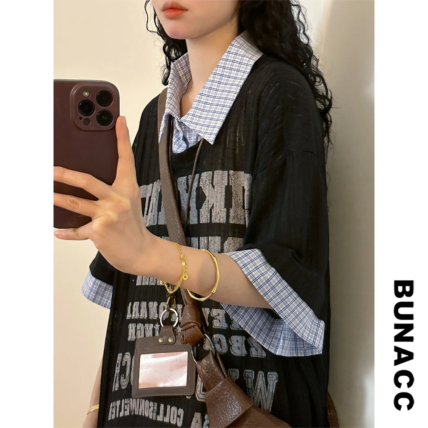 

Summer American Retro Plaid Patchwork Collar ort Sve Loose irt ex Casual Street Sle Top for Youth