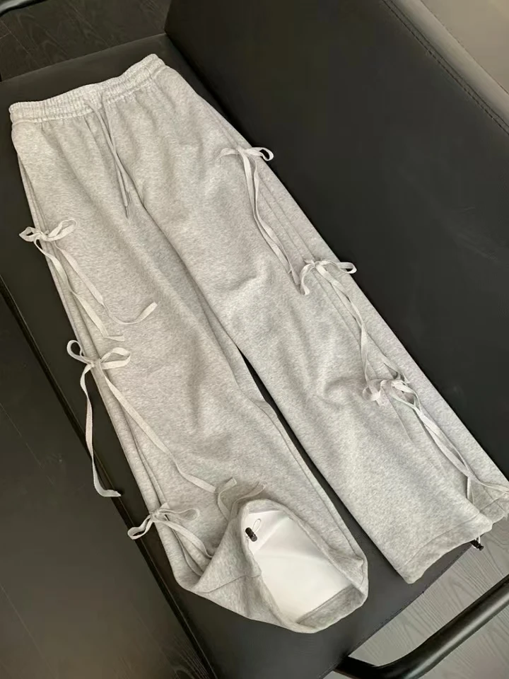 Korean Style Grey Sweatpants Women Spring Vintage Bow Lace-up Straight Wide Leg Pants Fashion Trend Loose Long Pants