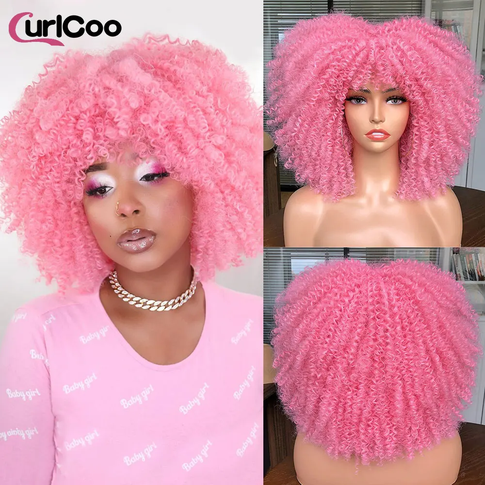 Krótka kręcona blond peruka z grzywką Afro peruki z kręconymi włosami typu Kinky dla czarnych kobiet syntetyczna naturalna Ombre brązowa peruka do cosplay