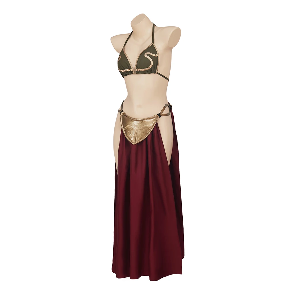 New Sexy Film Princess Cosplay Outfit Leia Slave Costume Dress Gold Bra and Skirt Accessories Halloween Masquerade Party Dress
