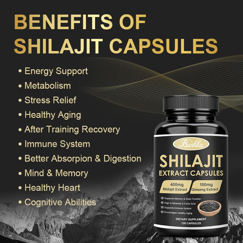 كبسولة شيلجيت أصلية 400 مل مع الجينسنغ وحمض البحري و85 + معادن تتبع للذاكرة ووظيفة الدماغ وصحة الجهاز المناعي