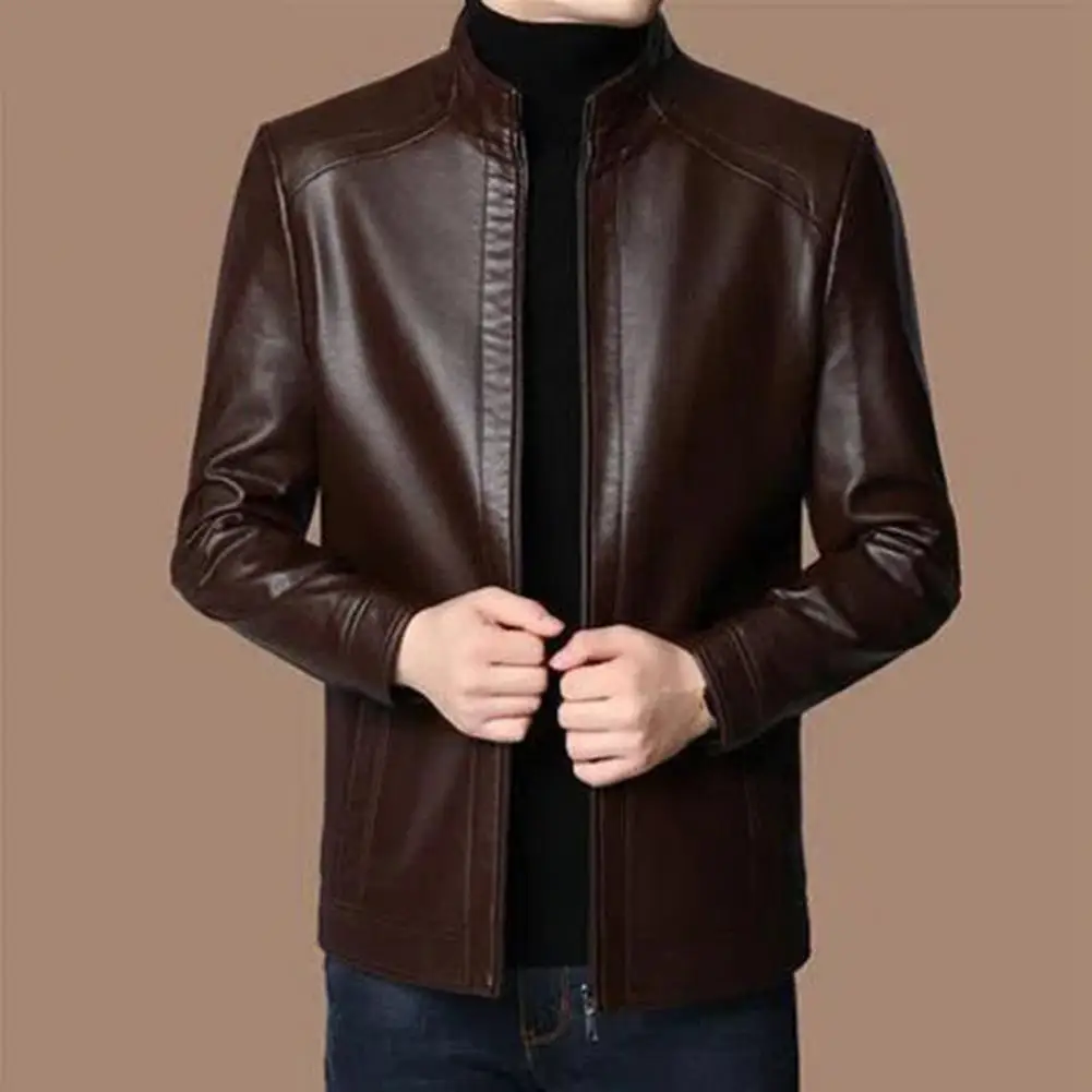 Versatile Men Outerwear Stylish Men's Faux Leather Jacket with Plush Lining Business Coat for Winter Zipper Placket Stand Collar