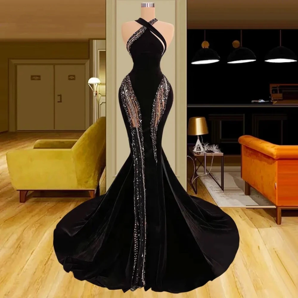 

Vintage Black Evening Dresses Luxury Mermaid Shiny Beading Sequined Halter Floor Length Women Formal Occasions Banquet Gowns