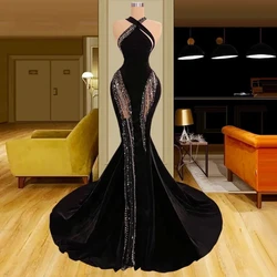 Vintage Black Velvet Long Evening Dress Luxury Mermaid Beads Halter Special Occasion Dresses Celebrity Women Formal Party Gowns