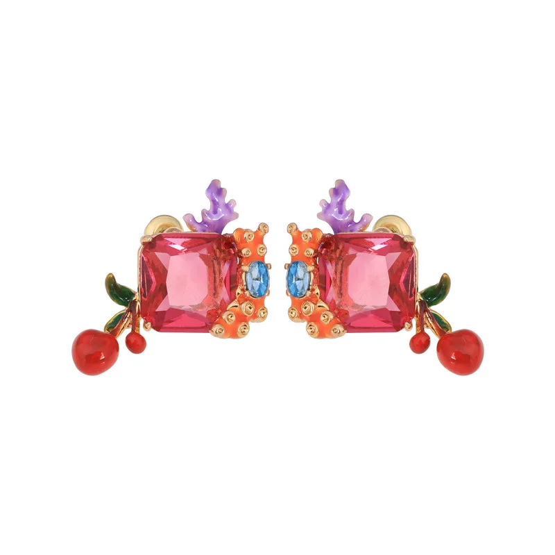 

Personalized Ruby Red Glass Stone Stud Earrings Temperament Simple Enamel Flower Red Cherry Ear Cilps for Women Luxury Designer