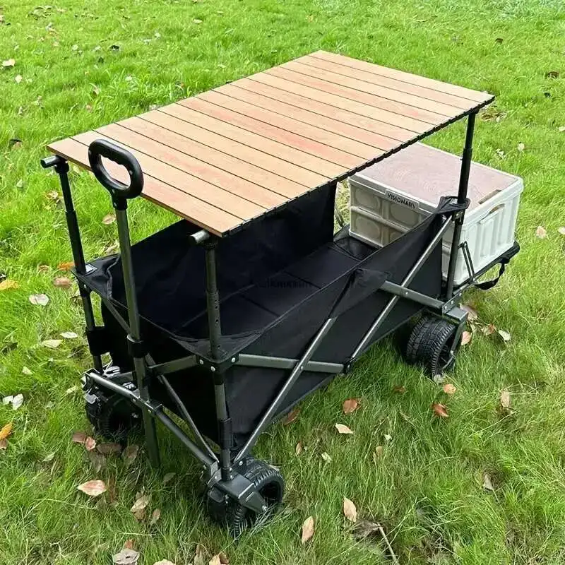 

Outdoor Trolley with Lift Adjustable Rod & Table Board Camper Foldable Trailer Pull Rod Rear Wagon Cart for Picnic Trolley