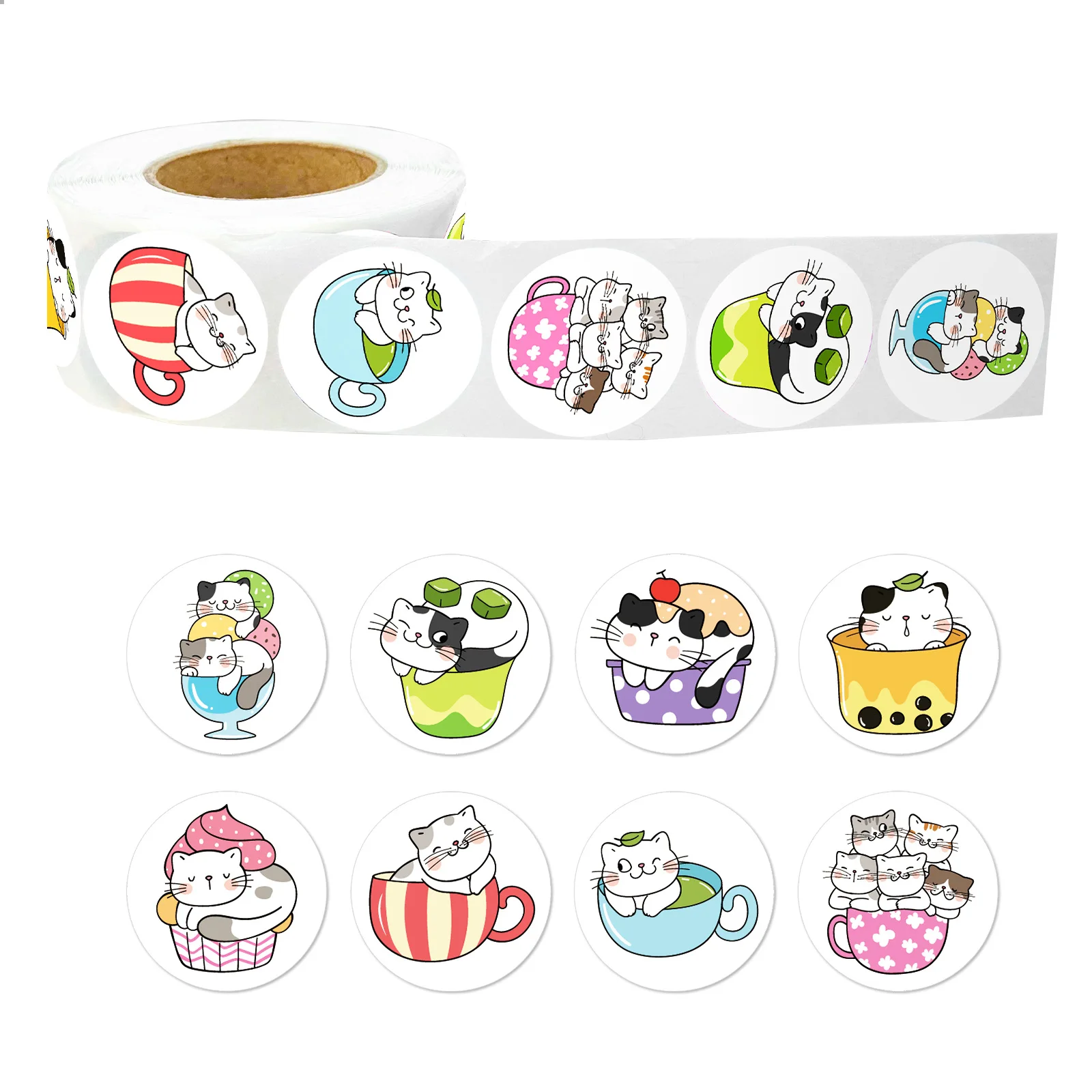 500 hojas / rollo de linda taza de dibujos animados CAT Kids roll Food Packaging Selling sticker