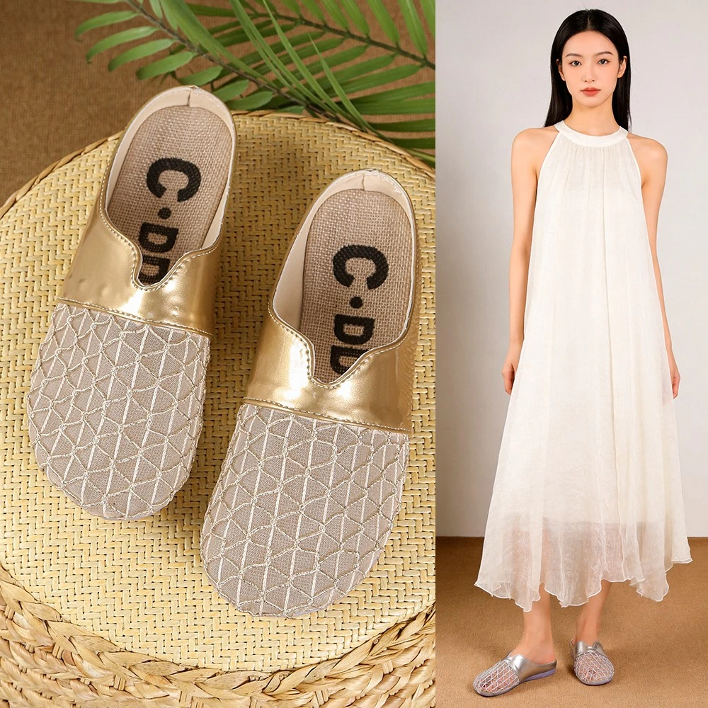 French-style Flat Mesh Bun Half Slippers for Women, Summer 2026 New Model, Paired with Skirts, Fishnet Shoes, and Sandals