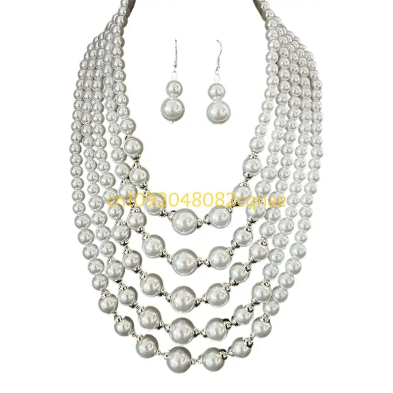 Lightweight Imitation Pearls Layering Necklace Earring Combo Daily Elegant Accessory