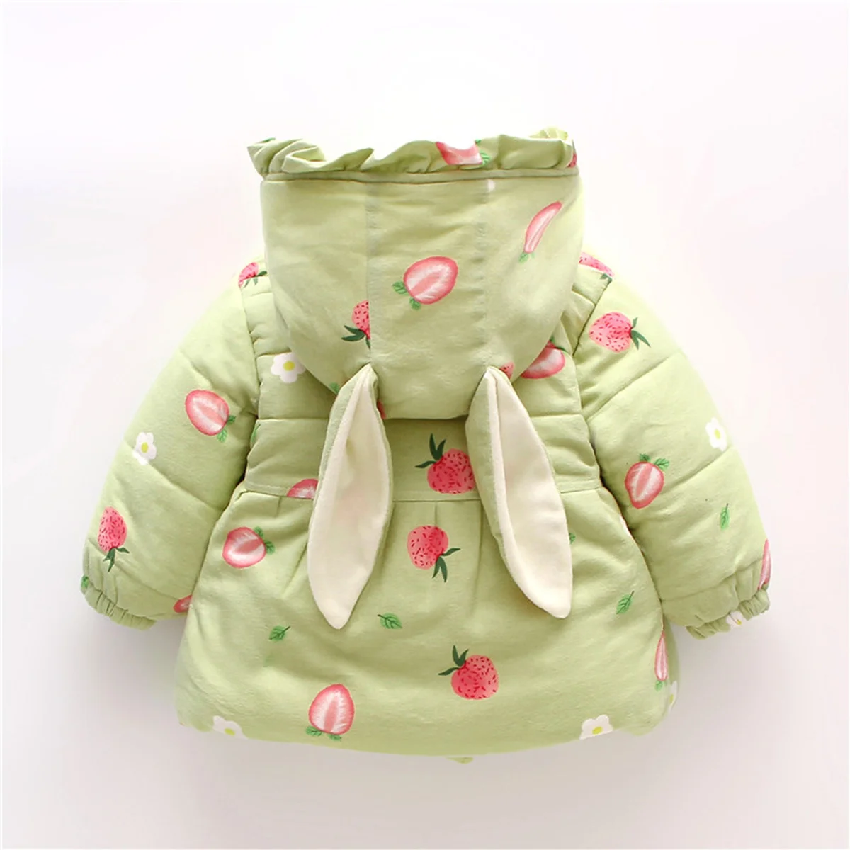 Winter Girls\' Cotton Coat Strawberry Bow Heart Pocket Rabbit Ear Button Hooded Cotton Thickened Sweet Coat