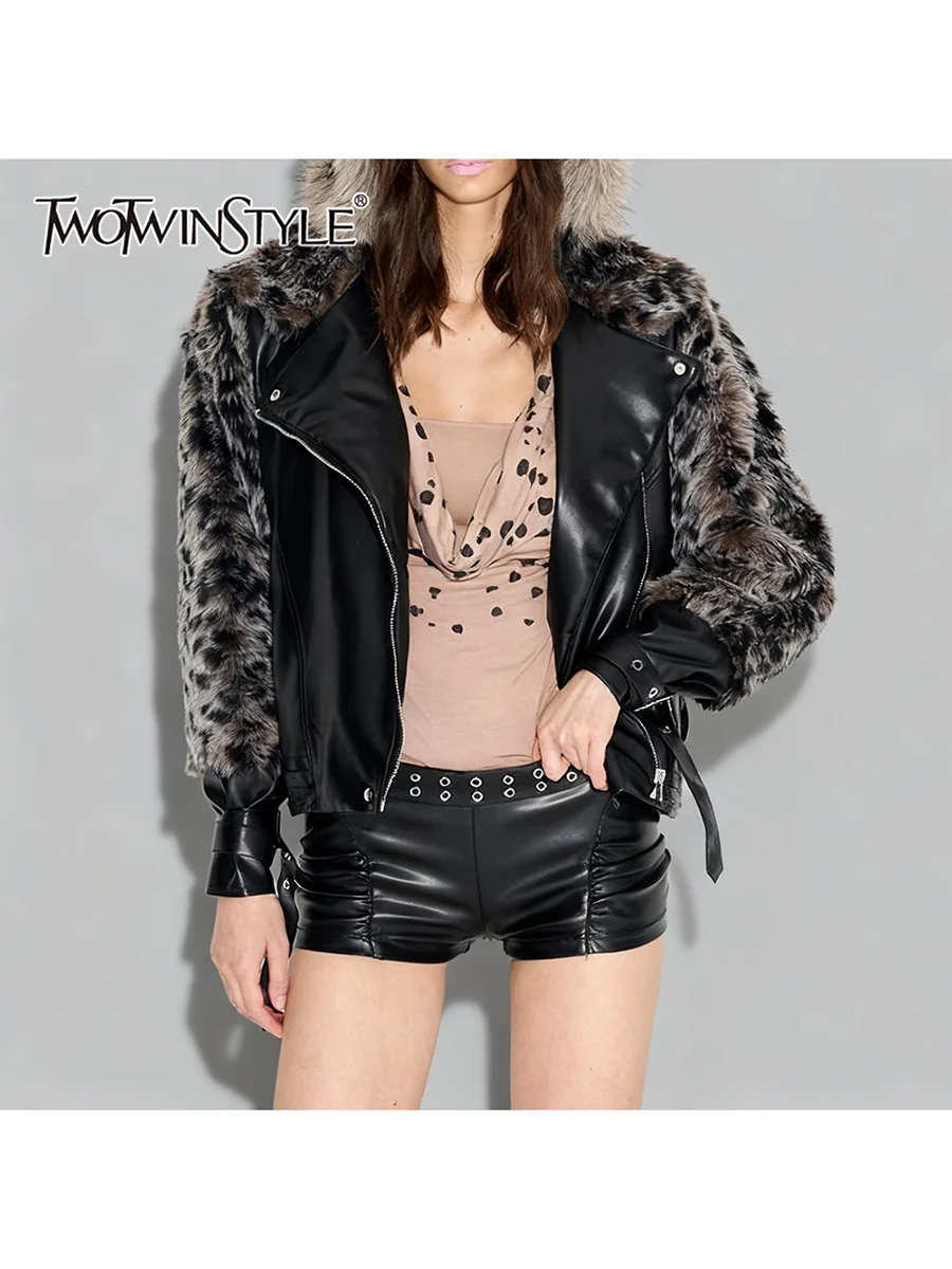 

TWOTWINSTYLE леопардовые сращенные ремни, модные женские куртки с лацканами и длинными рукавами, лоскутная темпераментная куртка на молнии, женская новинка