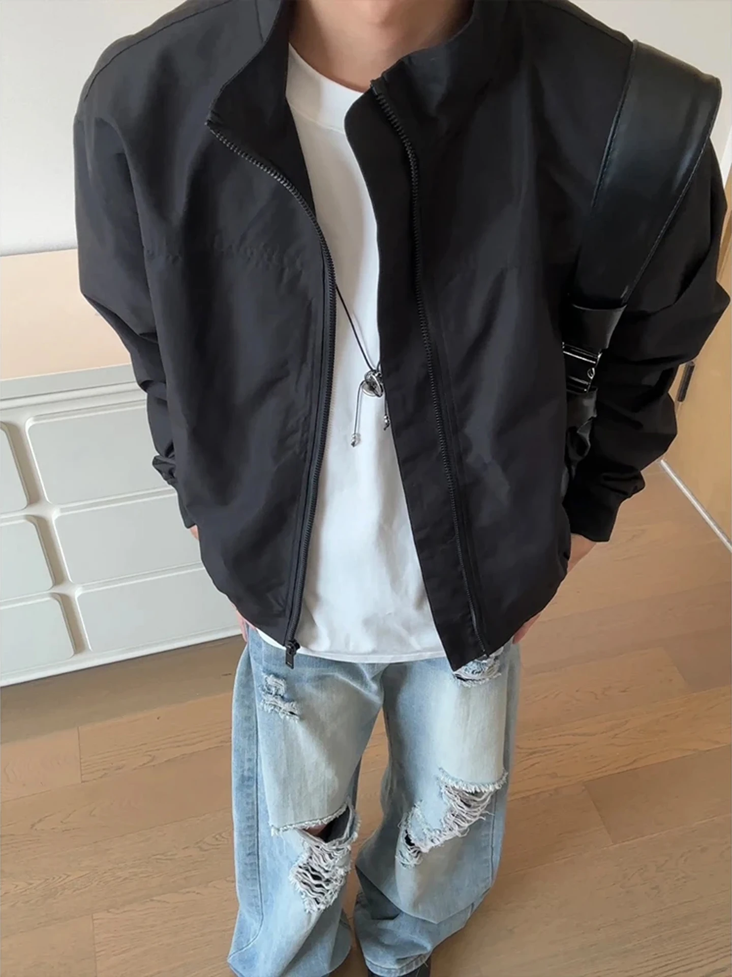 

Bla Men's ort Flight Jaet Autumn American Sle Cleanfit Windproof oulder Enhancing Stand Collar Baseball orm