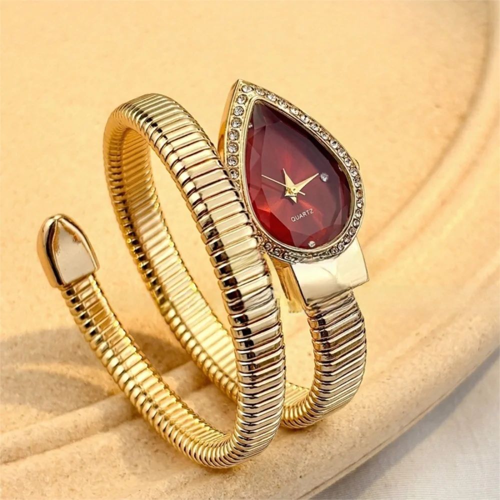 Creative Water Drop Headed Quartz Watch Stainless Steel Strap Elegant Wristwatch Bracelet Snake-shaped Band Watch Women's Watch