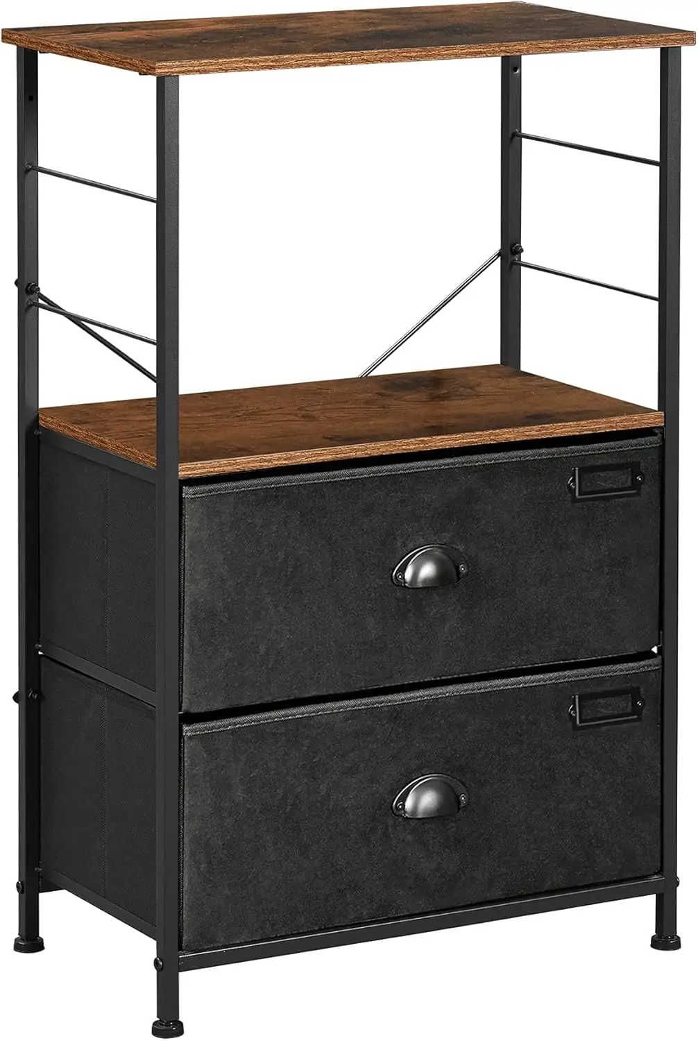 Nightstand, Industrial Bedside Table with 2 Fabric Drawers, Storage Shelves, Vertical Dresser Storage Tower