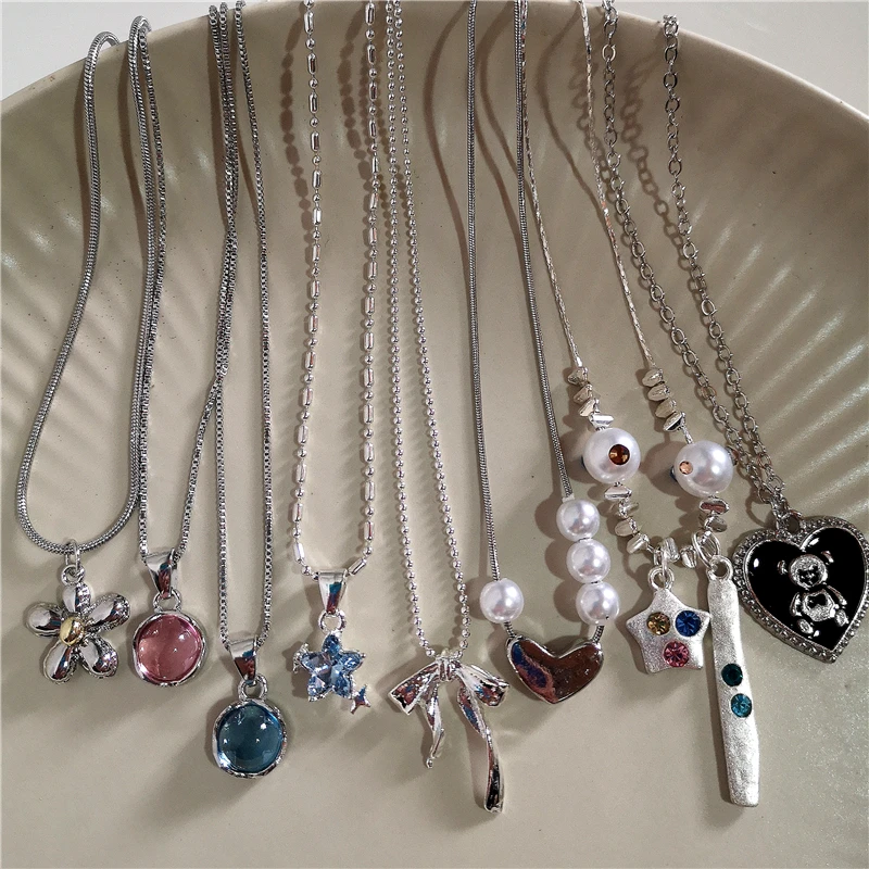 Koreanische Mode Blau Runde Kristall Stern Perle Herz Blume Anhänger Halskette Für Frauen Mädchen Vintage Ästhetischen Y2K Elegante Schmuck