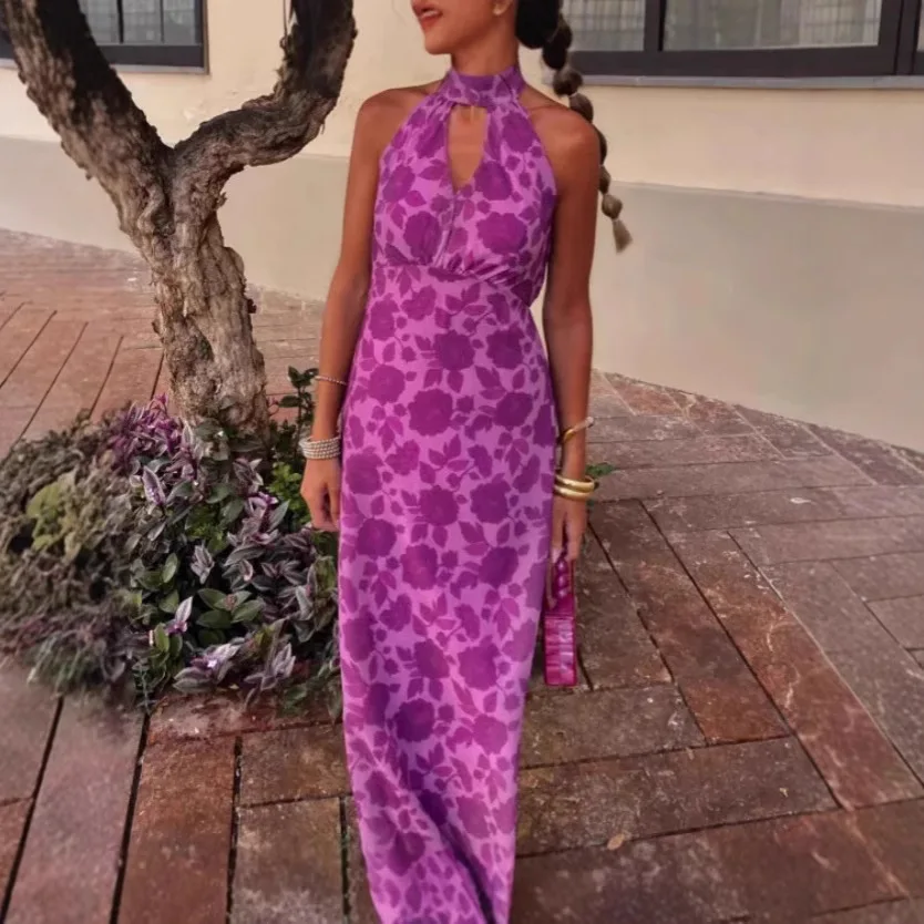 Abito lungo con scollo all'americana con stampa alla moda in stile francese da donna del nuovo arrivo 2025 Abito invernale seducente con scollo a V