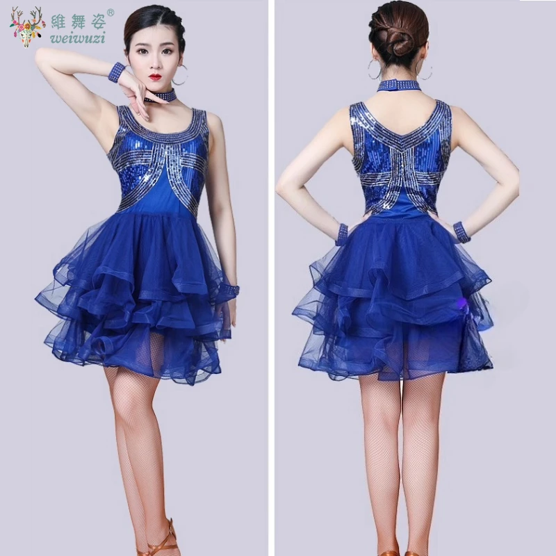 

Сексуальное платье с пайетками для латинских танцев, женские платья для танго, румбы, самбы, для взрослых, одежда для латинских соревнований с ожерельем