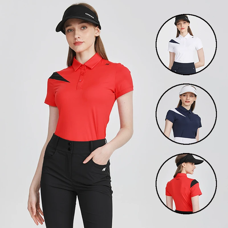 

AW Women Summer Breathable Golf Polo Shirts Short-sleeved Slim Shirts Patchwork Casual Sports Tops Elastic Golf Tees S-XXL