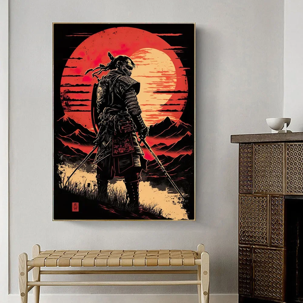 Black Samurai Cherry Blossom Samurai Figure Art Painting Wallpaper Posters and Printmaking Living Room Home Decoration Poster