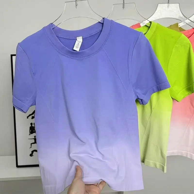 

Бесшовный цельный тканый спортивный топ для йоги, футболка с короткими рукавами градиентного цвета на лето