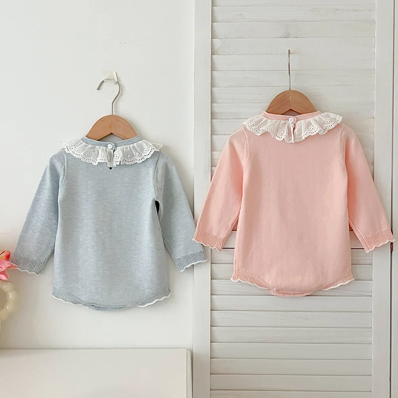 Infant Baby Girl Romper Knit Ruffle Newborn Hollow Out Long Sleeve Toddler Knit Jumpsuit Princess Lace Romper Spring Clothing