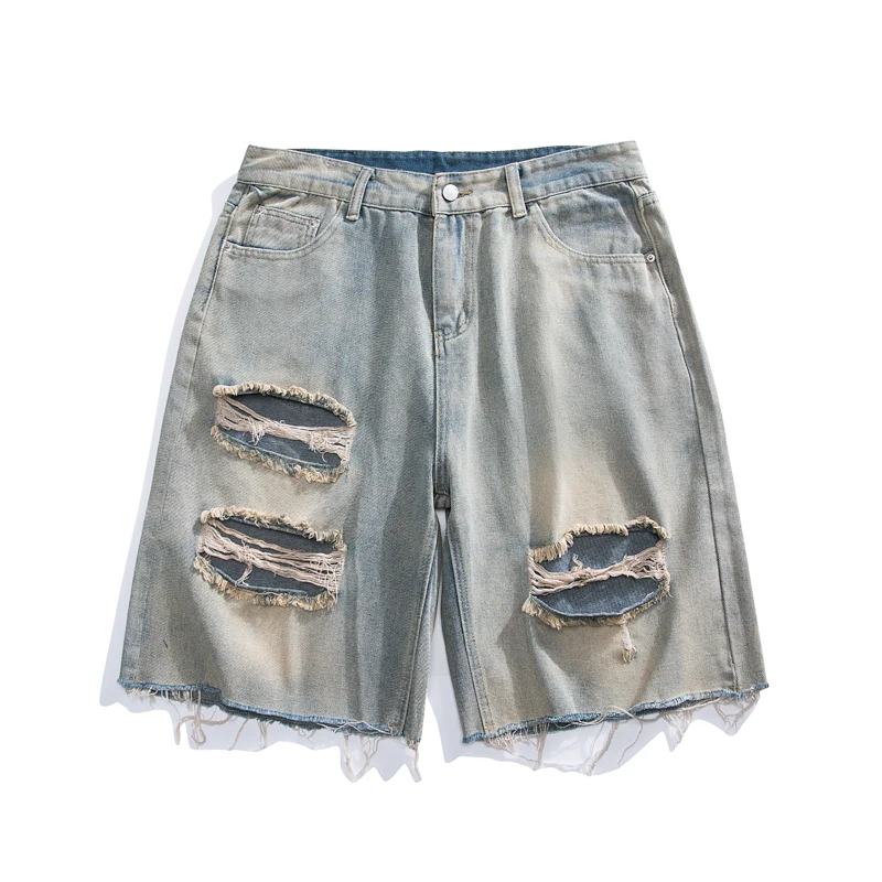 New Summer Straight Ripped Jeans larghi da uomo Hole moda coreana Casual pantaloncini di Jeans larghi maschili Streetwear Y2k abbigliamento