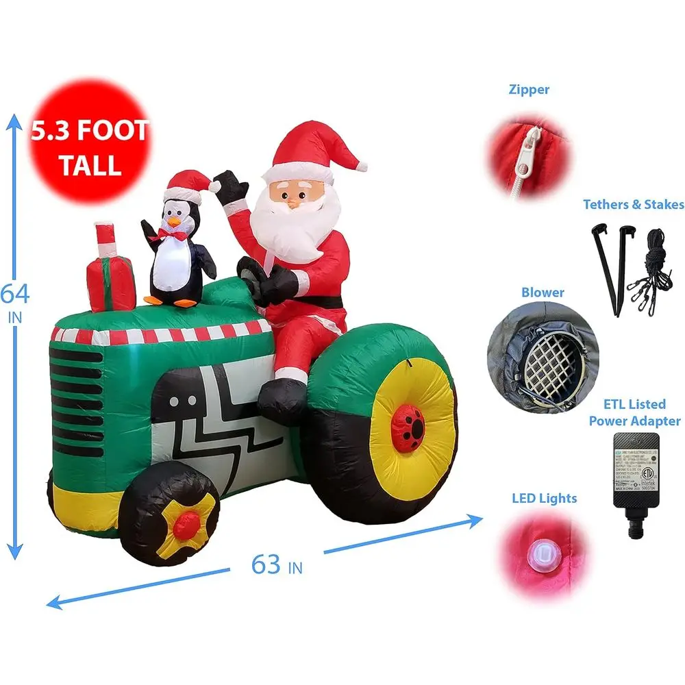 Self-Inflating LED-lit Santa & Penguin Tractor Outdoor Christmas Decoration