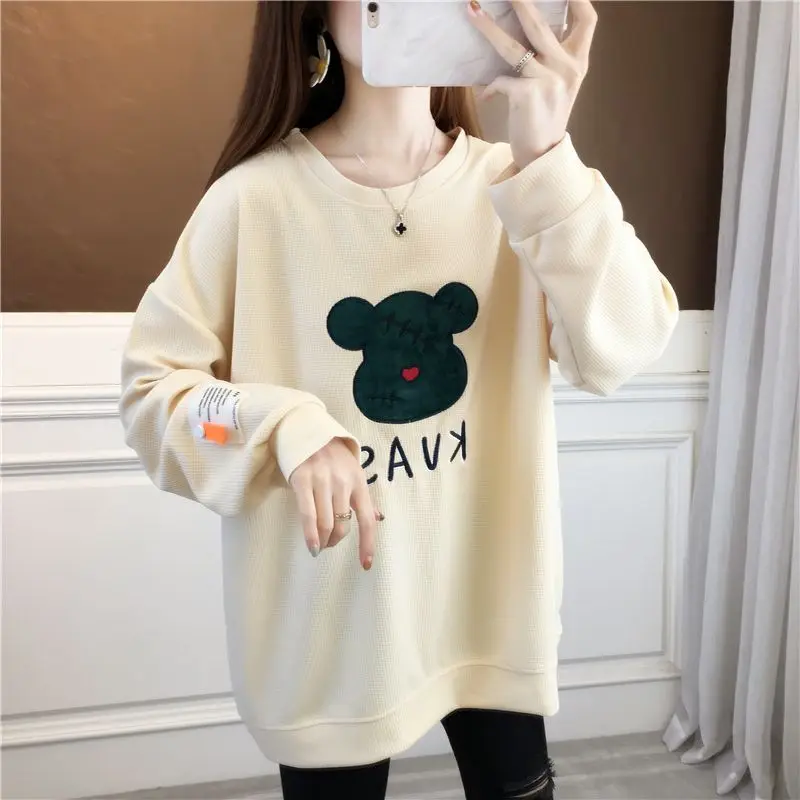

Plus Size Waffle Knit Sweatshirt Women Spring Autumn Loose Embroidered Bear Patch Student Lightweight Coat