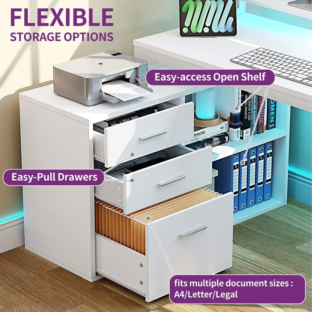 55" Computer Table PC Laptop Workstation Writing Desk w/Power Outlet LED Lights